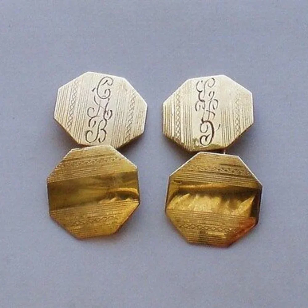 Beautiful Antique Art Deco Solid 14K Yellow Gold Hexagon Cufflinks 14kt